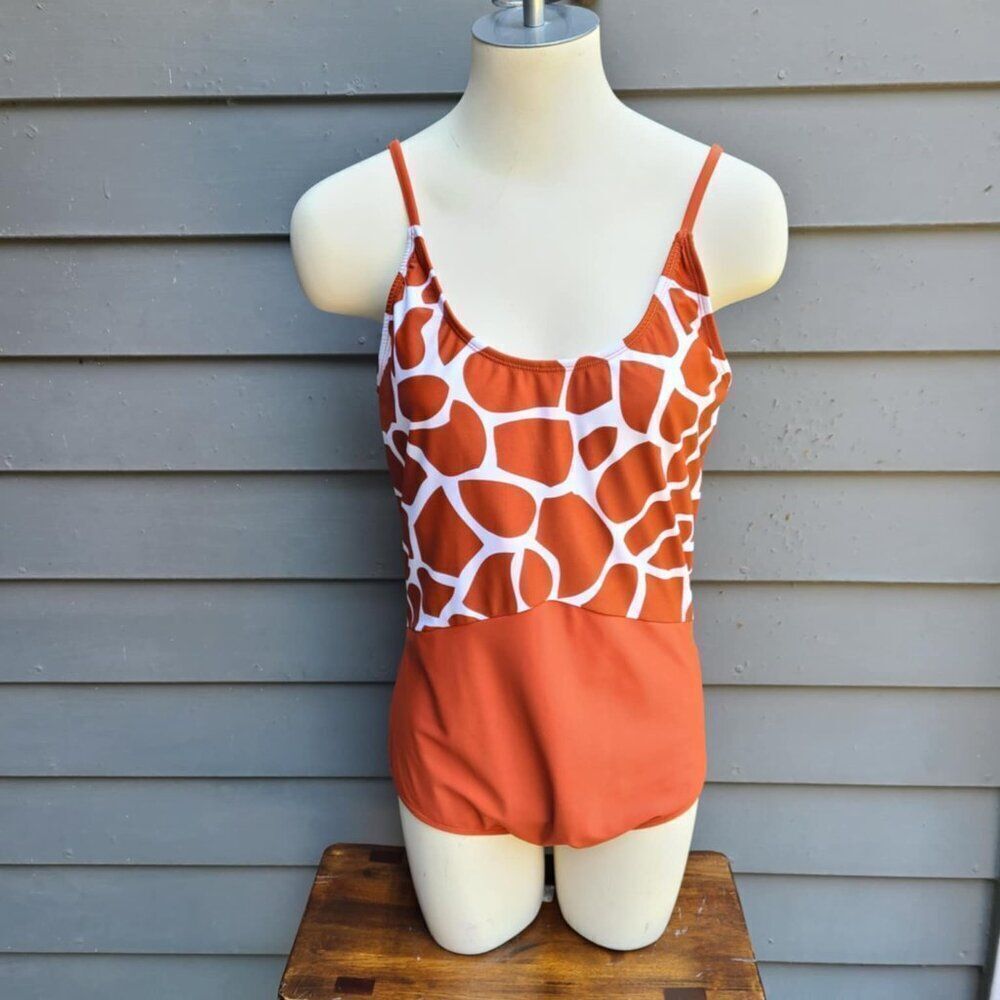 Coral Reef One Piece Swim Suit Open Back Giraffe Rust Print size Large 12/14